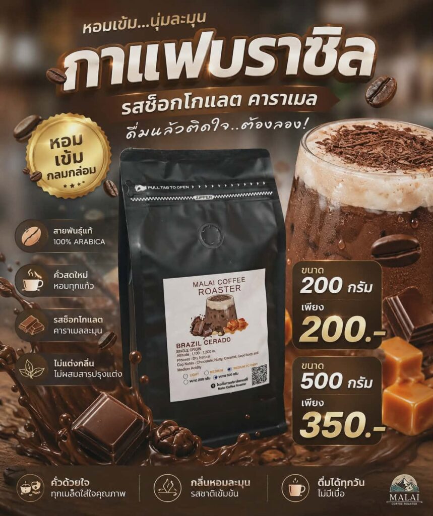 เมล็ดกาแฟ Brazil Cerrado กลิ่นช็อกโกแลต คาราเมล และถั่ว ความเปรี้ยวต่ำ จาก Malai Coffee Roaster