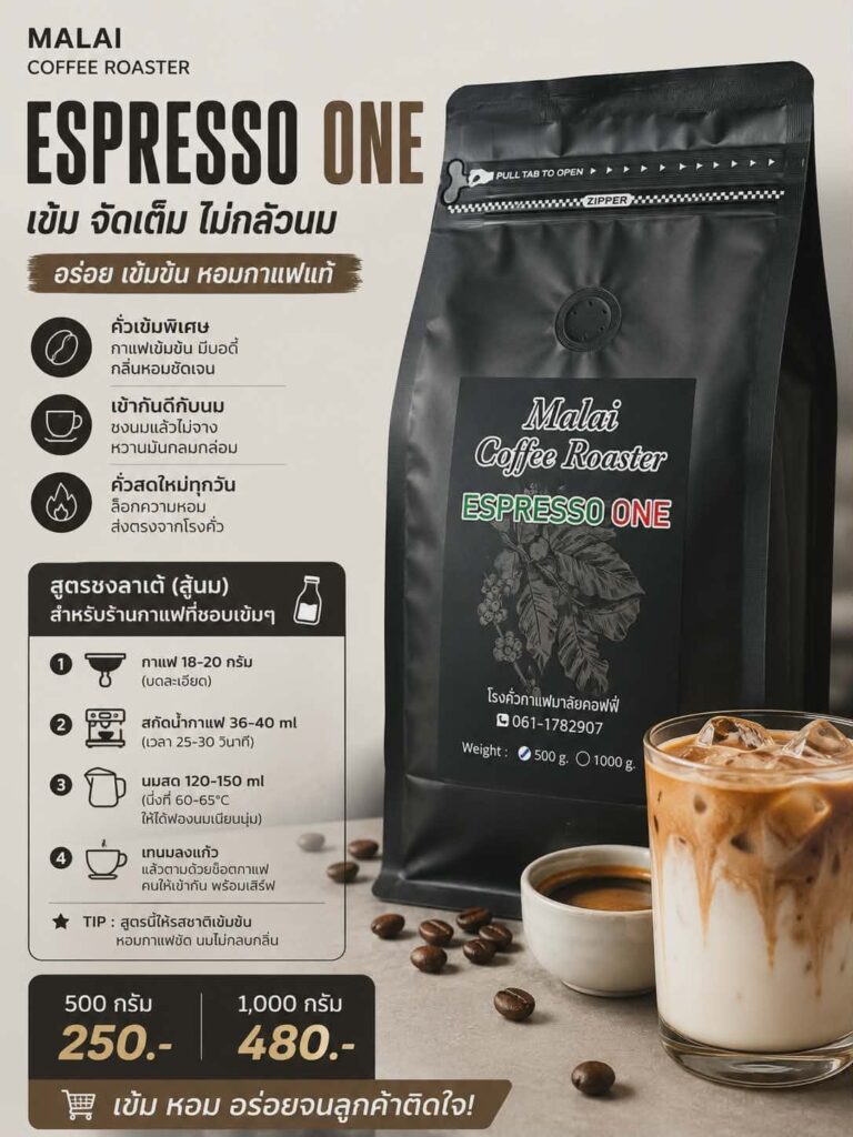 เมล็ดกาแฟ Espresso One คั่วเข้ม สูตรสำหรับเมนูนม หอมกาแฟชัด รสเข้ม กลมกล่อม จาก Malai Coffee Roaster