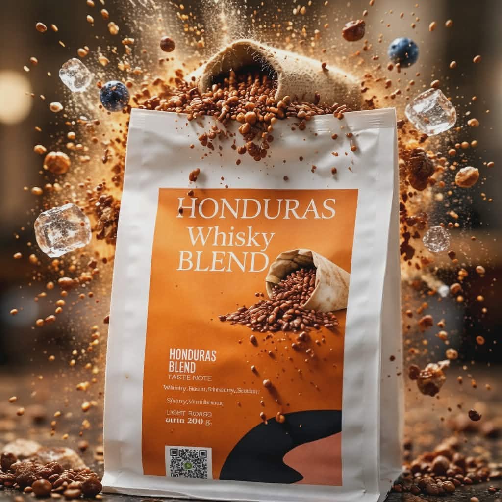 ภาพโปรโมตกาแฟ Honduras Whisky Blend เมล็ดกาแฟคั่วอ่อน Specialty Coffee กลิ่น Whisky น้ำผึ้ง และบลูเบอร์รี่ จาก Malai Coffee Roaster