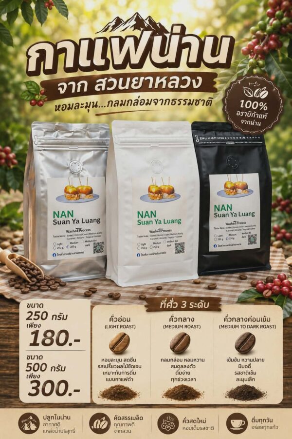 เมล็ดกาแฟน่าน สวนยาหลวง มีให้เลือกคั่วอ่อน คั่วกลาง และคั่วกลางเข้ม จาก Malai Coffee Roaster
