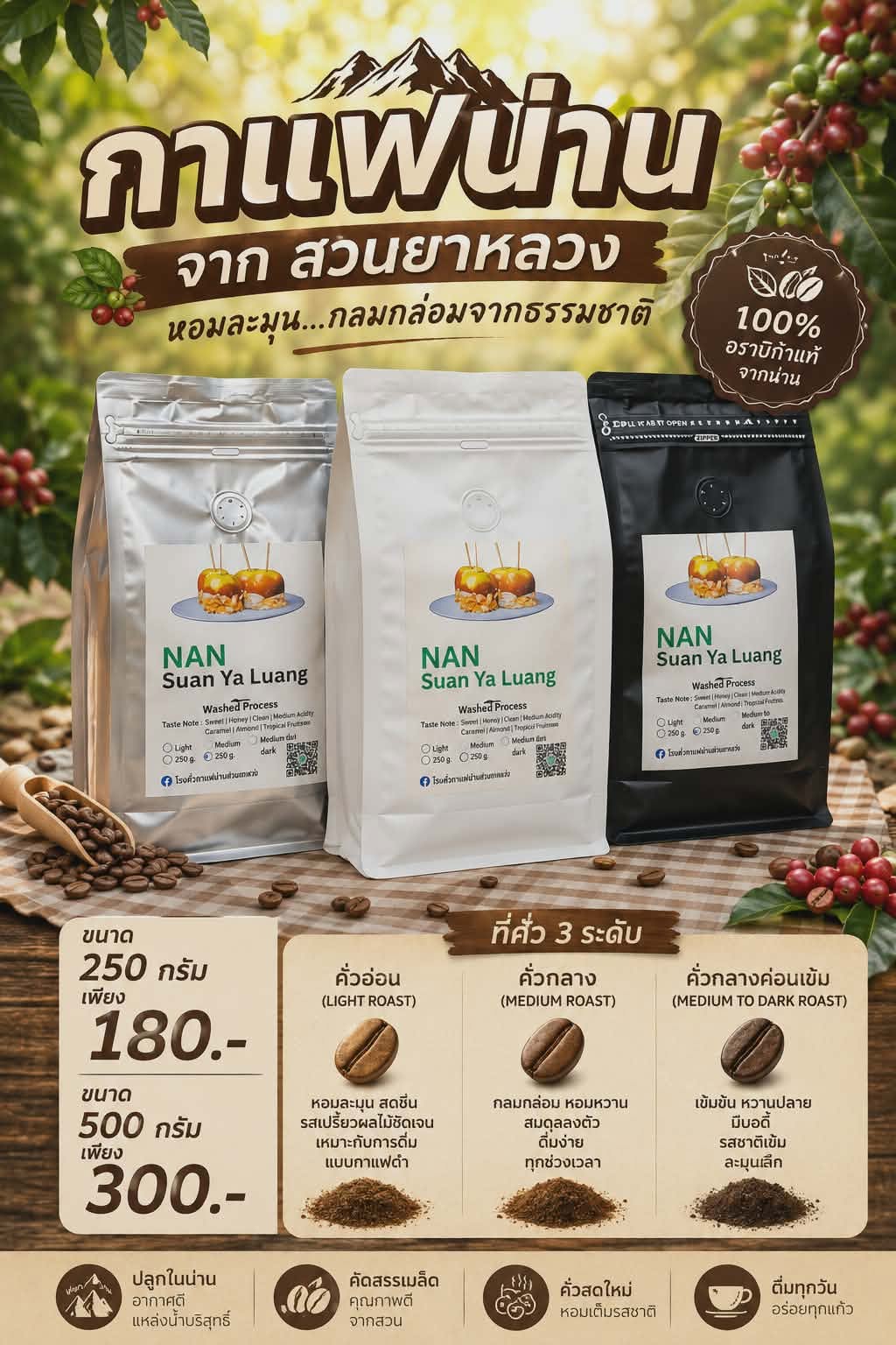 เมล็ดกาแฟน่าน สวนยาหลวง มีให้เลือกคั่วอ่อน คั่วกลาง และคั่วกลางเข้ม จาก Malai Coffee Roaster